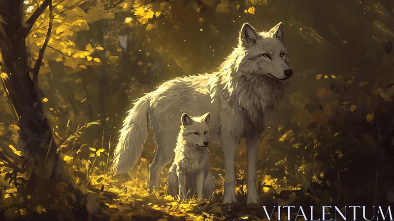 Gentle white wolves resting in golden forest light together.