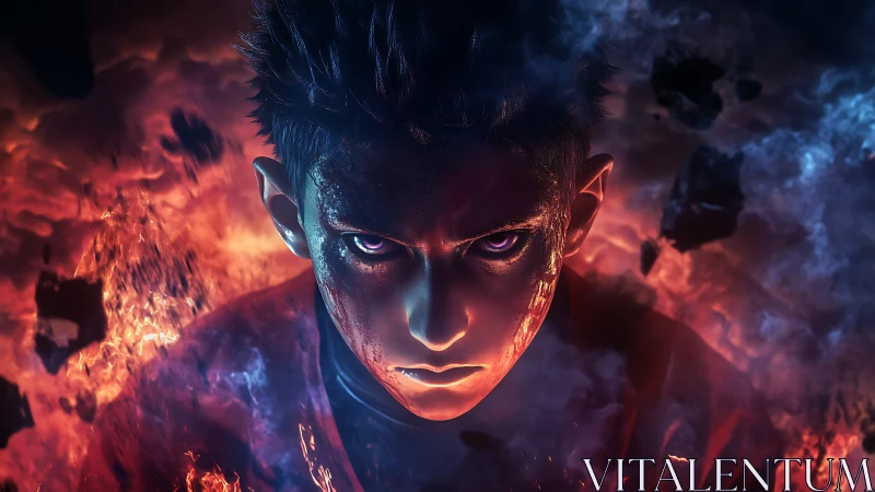 Cinematic fire-wreathed antihero portrait in digital painting style.