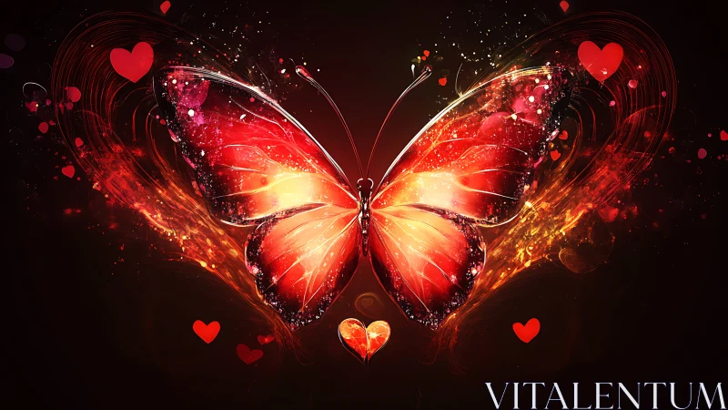 Red butterfly silhouette glows amid swirling heart shapes