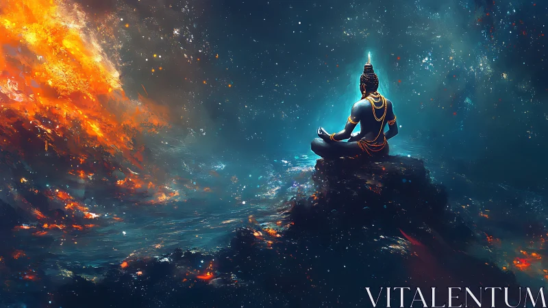 Cosmic meditator on astral promontory amid stellar firestorm.