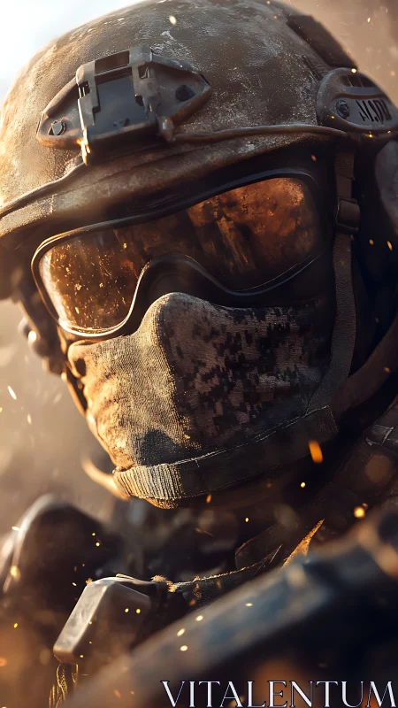 Soldier in tactical armor faces sparks in close combat view