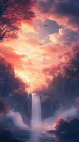 Vertical fantasy waterfall scene shows mist and sunset sky