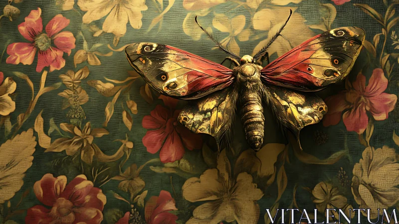 Moth rests on detailed floral wallpaper with textured lighting