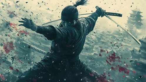 Samurai warrior unleashes dual katana strike amid battle.