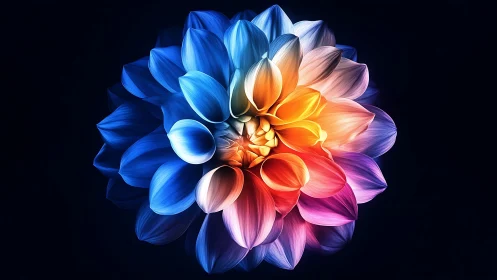 Radiant multicolor dahlia blooms against deep black void.