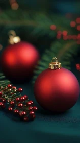 Macro view of matte red baubles on fir bough with teal cloth