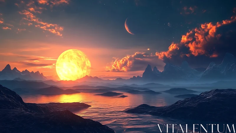 Twin moons ignite a sapphire seascape at alien dusk.