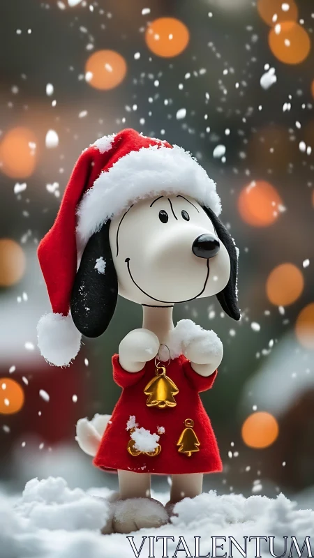 Joyful holiday beagle figurine in falling winter snow.
