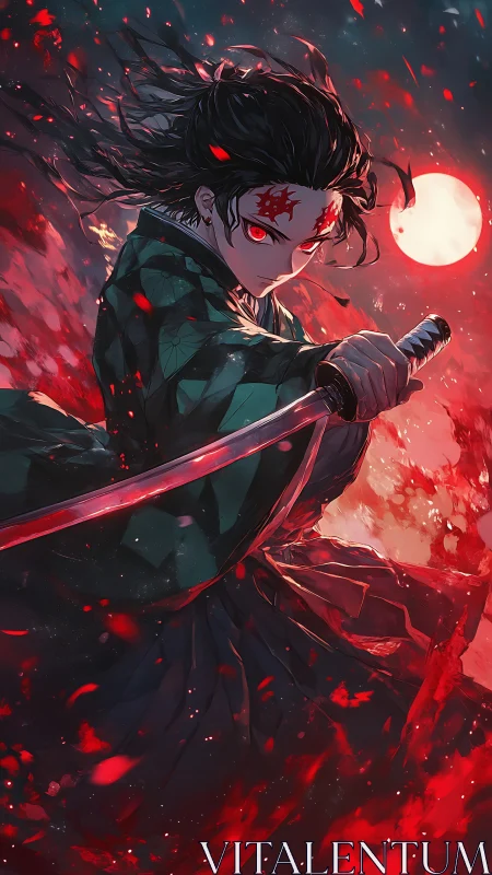 Sword-wielding figure stands before red moon in stylized scene