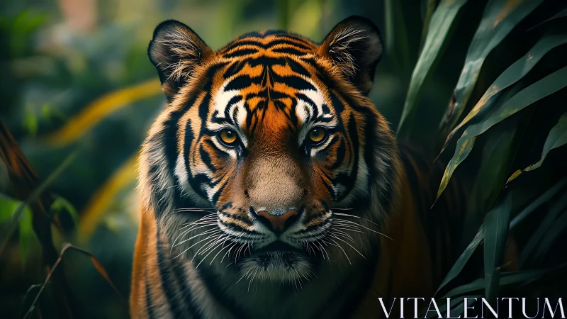 Tiger in dense foliage with frontal gaze and clear markings.