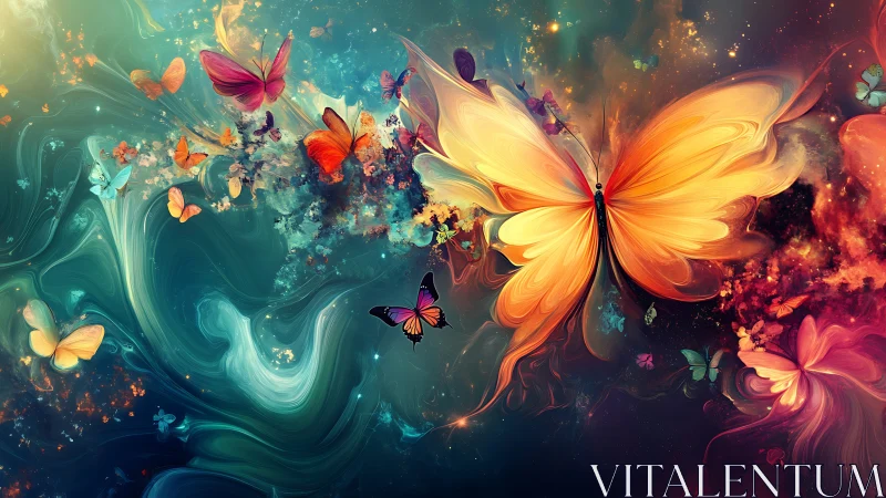 High-saturation fractal butterfly swarm overlays nebular color fields