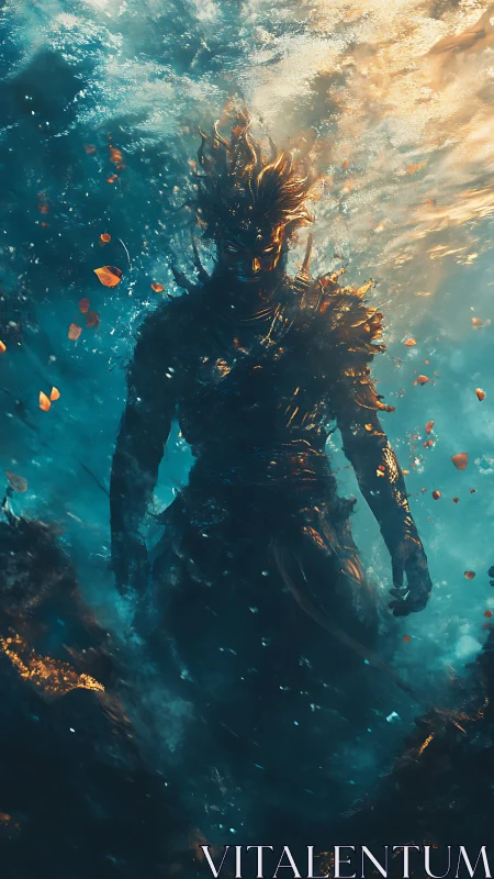 Submerged armored figure in glowing aquatic environment.