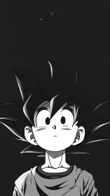 Young spiky haired boy stargazing in monochrome night sky.