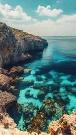 Rocky coastal cliffs border clear shallow turquoise sea water