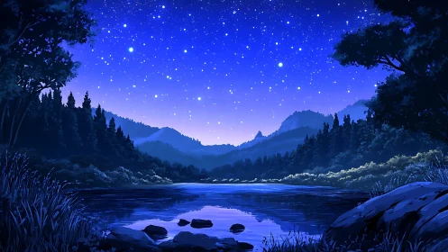 Starlit mountain lake wrapped in deep blue forest calm.