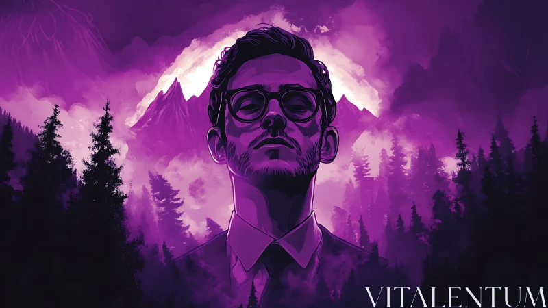 Stylized man in glasses stands before purple mountain scene