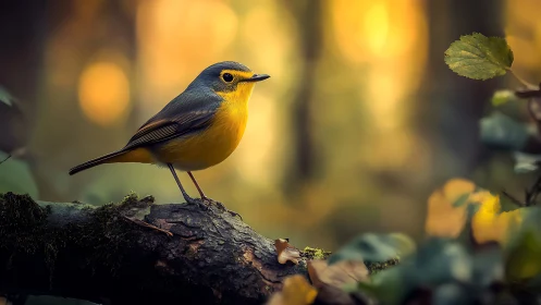 Yellow-breasted Songbird on Mossy Branch in Soft Autumn Forest Light.