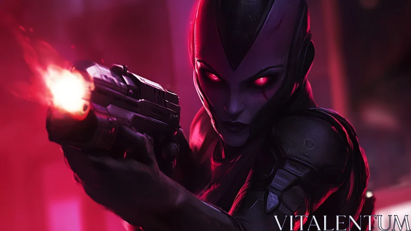 Cybernetic assassin with glowing eyes in neon crossfire.