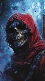 Hooded skeletal reaper stalking frozen blue forest at night.