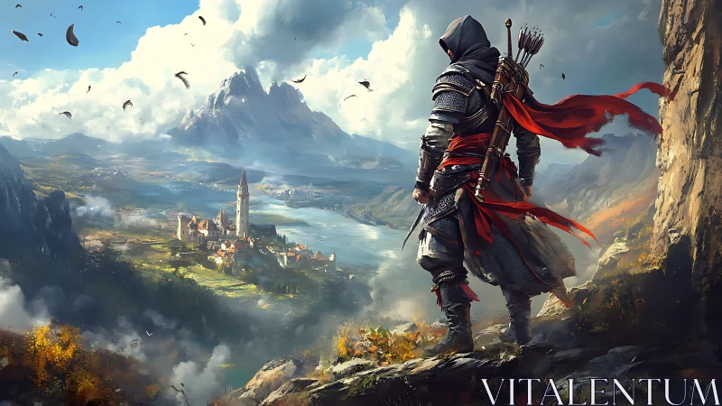 Hooded ranger overlooking valley fortress from cliff edge.