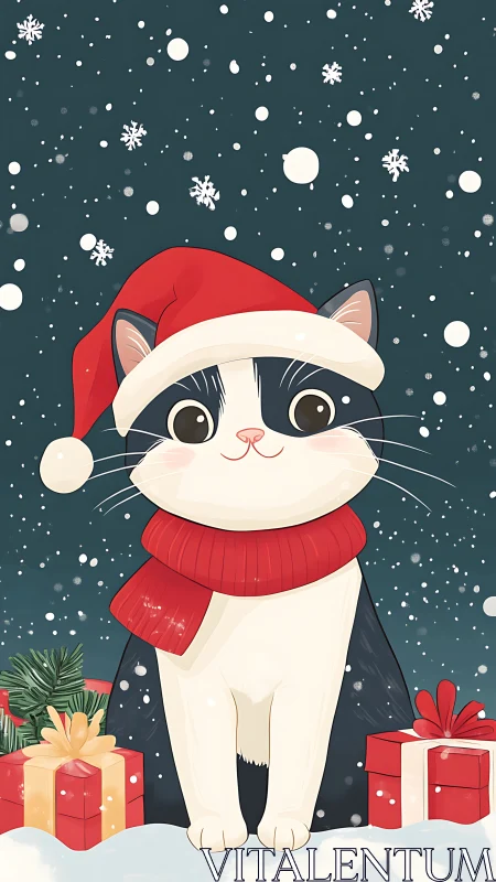 Vector holiday cat portrait with snowfall and gift topology.