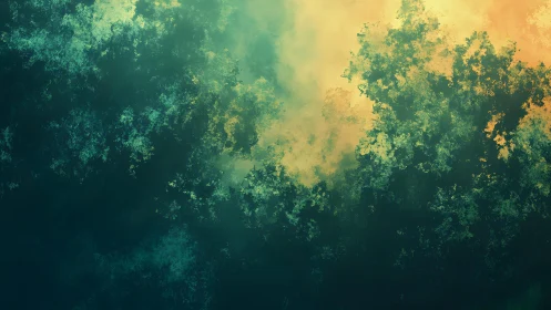 Abstract forest canopy with sunlight in digital painting style.