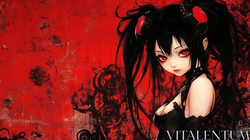 Gothic anime girl with twin tails against distressed red field