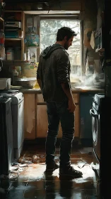 Solitary man in backlit kitchen with atmospheric steam.