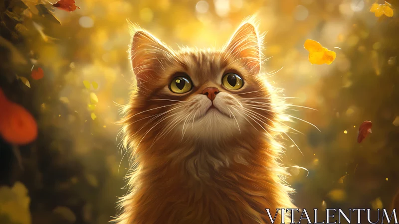 Golden-furred cat portrait with luminescent bokeh and autumn foliage elements.