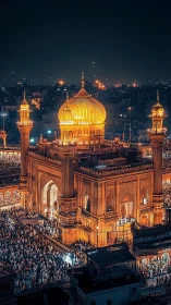 Night aerial view shows illuminated mosque dome and dense worshippers