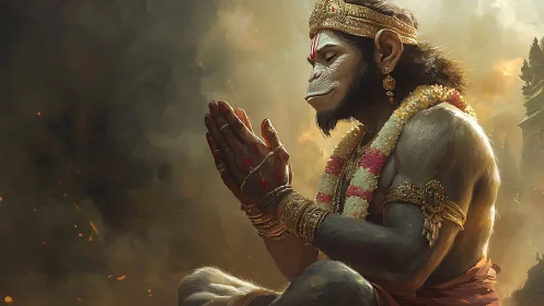 Praying warrior-monkey quiets swirling embers with serene grace