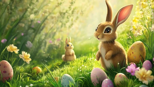 Backlit spring meadow with stylized rabbits and shaded Easter eggs