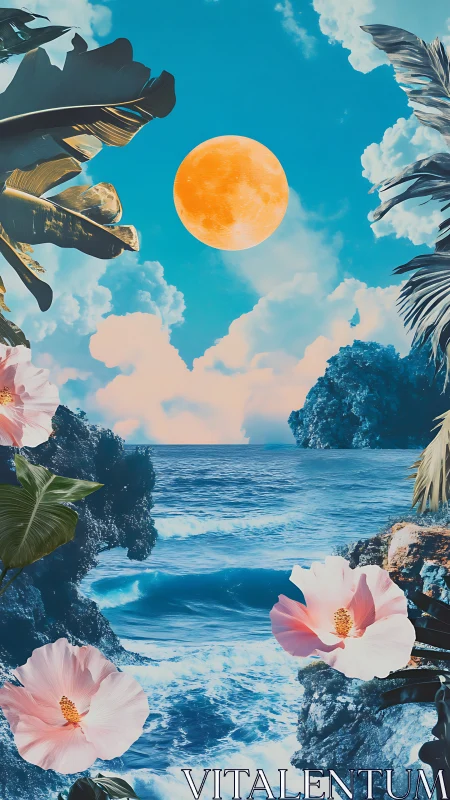 Surreal tropical seascape uniting moonlit sky and floral foreground