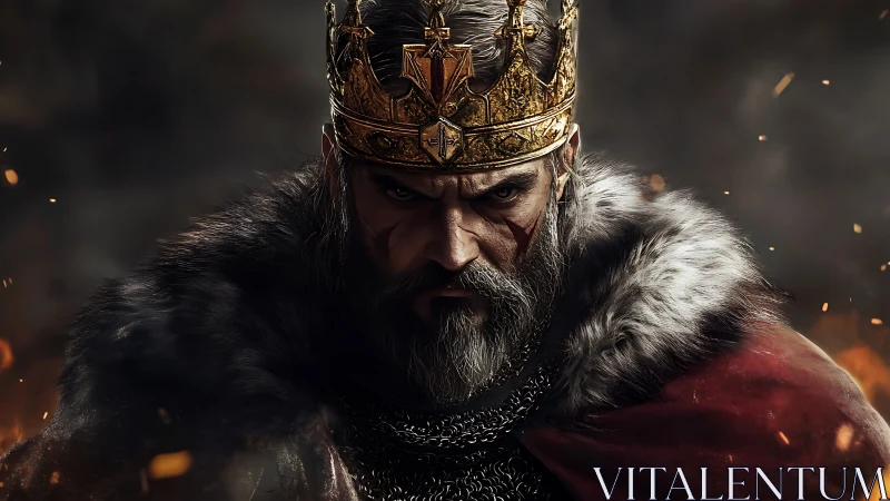 Battle-scarred medieval king stares forward in burning dusk