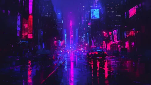 Neon drenched cyberpunk city street glows in midnight rain