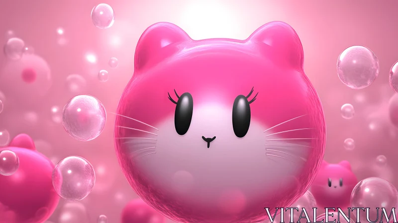 Pink cat face balloon surrounded by floating spheres