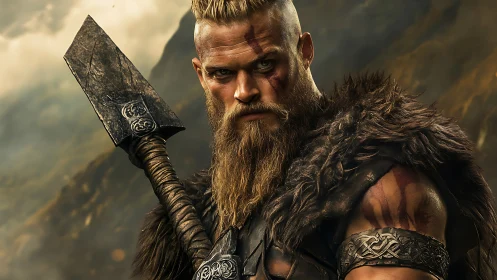 Viking warrior portrait with axe, fur cloak, and war paint.