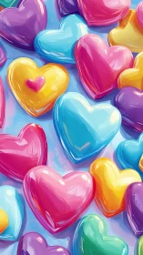 Glossy three-dimensional heart forms arranged densely across light blue background