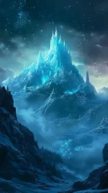 Glowing ice citadel crowns stormy frozen mountain range.