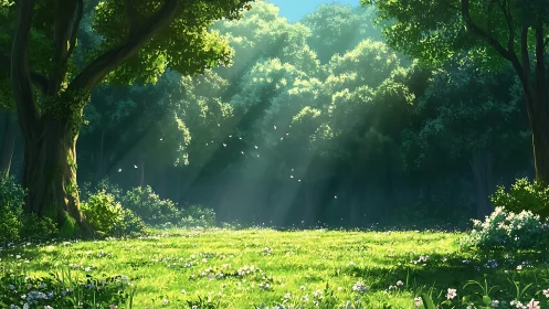 Luminous Forest Glade with Atmospheric Light Diffusion.
