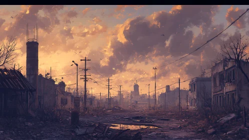 Post-apocalyptic boulevard at dusk, cinematic digital matte painting.