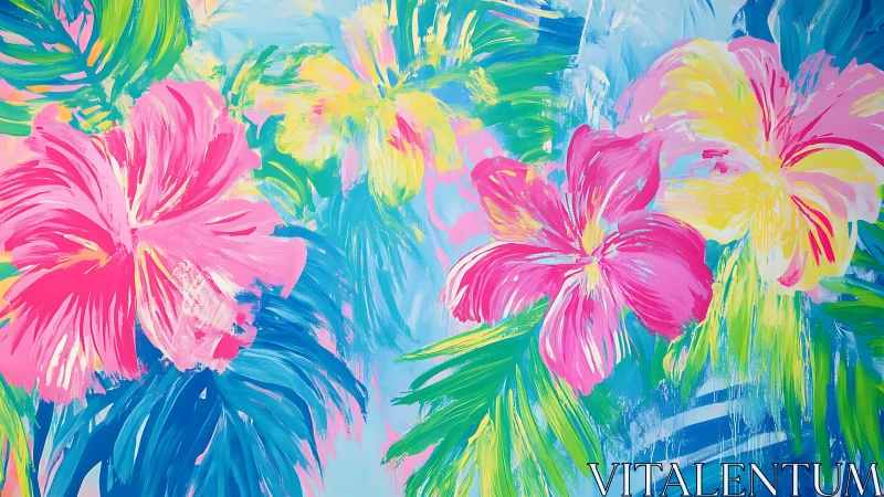 Expressive tropical hibiscus study in saturated neon palette