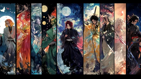 Anime elemental warriors in vertical triptych-style composition.