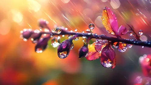 Macro raindrop refraction on crimson foliage in bokeh field.