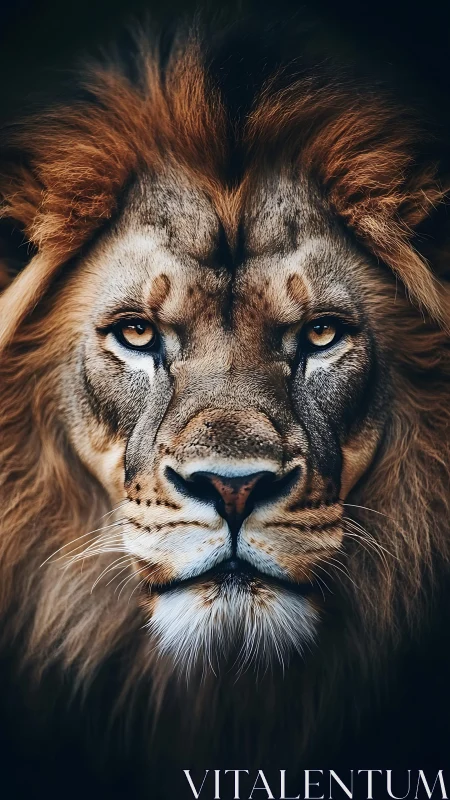 Close frontal portrait of adult male lion in low light.
