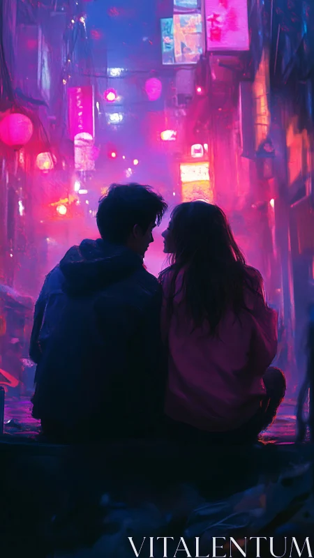 Two figures sitting in neon-lit alleyway with magenta and pink lighting