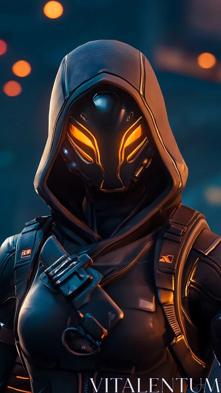 Hooded armored figure in illuminated tactical exosuit