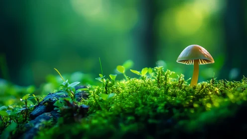 Forest mushroom on moss bed under soft emerald light.