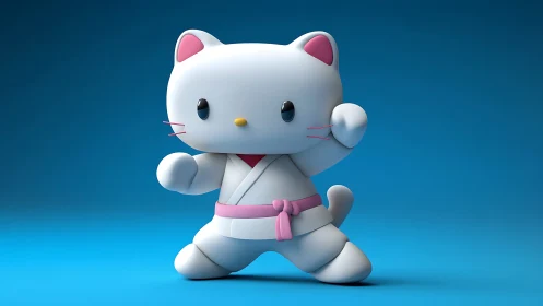 White cartoon cat in karate pose on blue gradient background.