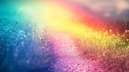 Iridescent light over dewy path between blurred grasses.